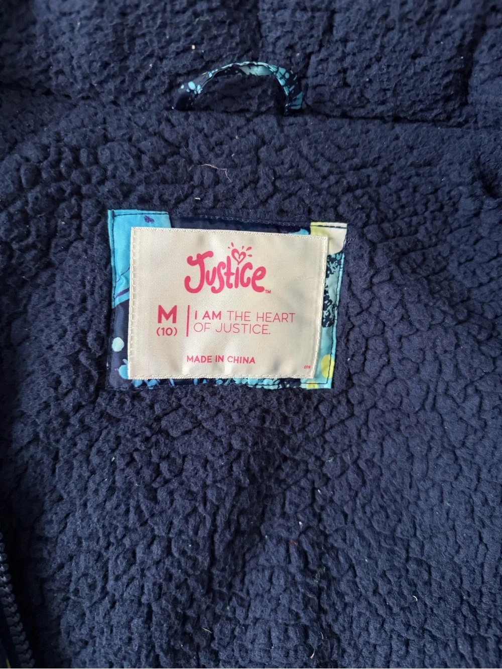 Justice Girls Navy Puffer Jacket with Blue, Teal & Pink Splatter